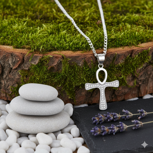 Srebrny krzyż egipski ANKH z łańcuszkiem pr. 925 – Talizman życia z personalizowaną dedykacją