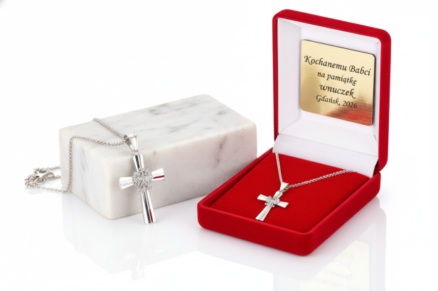 Srebrny krzyż z Orłem w koronie pr. 925 z łańcuszkiem – polski symbol wiary i patriotyzmu z dedykacją