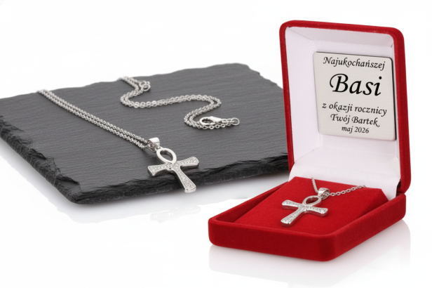 Srebrny krzyż egipski ANKH z łańcuszkiem pr. 925 – Talizman życia z personalizowaną dedykacją