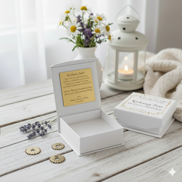 BIAŁE ze złotym pudełko z personalizacją - Zawieszka Swarovski „Ogień Miłości” z pozłacanym łańcuszkiem pr. 925 – symbol pasji i bliskości z dedykacją