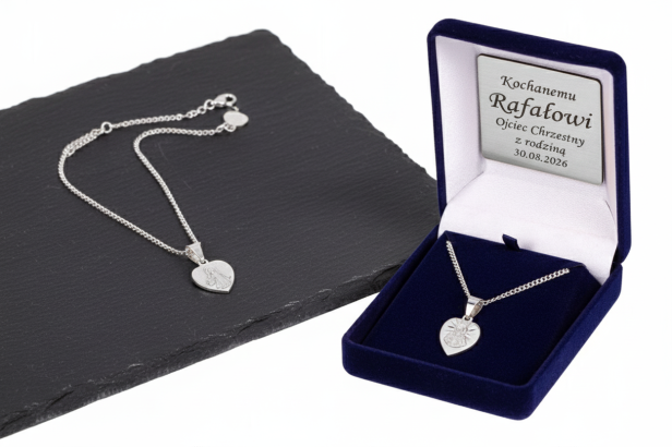 Srebrny medalik Matka Boska Szkaplerzna i Serce Jezusa z łańcuszkiem pr. 925 – dwustronna pamiątka wiary z dedykacją