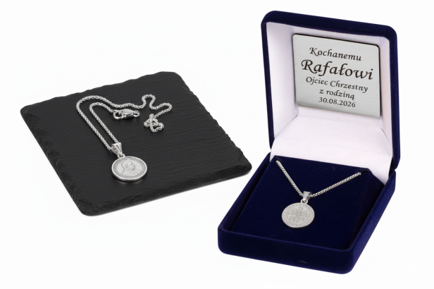 Srebrny diamentowany medalik Święty Jan Paweł II z łańcuszkiem pr. 925 – pamiątka wiary i światła z dedykacją