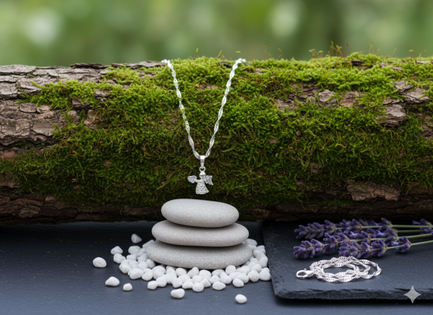 Komplet srebrnej biżuterii Anioł Stróż z sercem – łańcuszek i wisiorek pr. 925