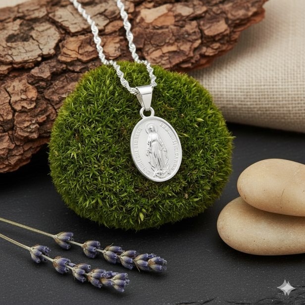 Srebrny medalik z Matką Boską Niepokalaną z łańcuszkiem pr. 925 – pamiątka łaski i wiary