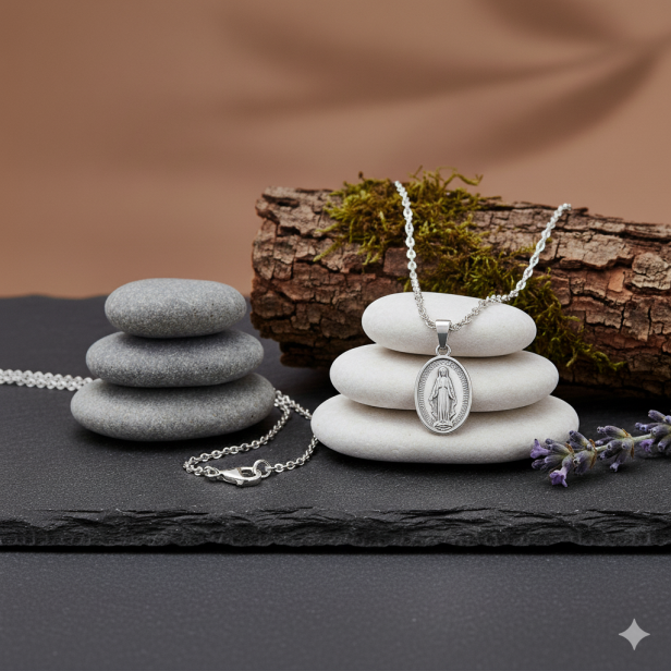 Srebrny medalik z Matką Boską Niepokalaną z łańcuszkiem pr. 925 – pamiątka łaski i wiary z dedykacją