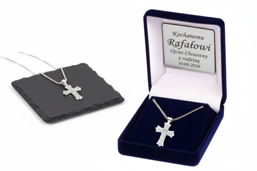 Srebrny krzyż liliowy pr. 925 z łańcuszkiem – symbol wiary i czystości z dedykacją