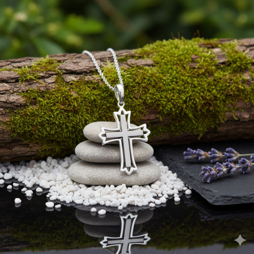 Srebrny krzyż liliowy pr. 925 z łańcuszkiem – symbol wiary i czystości w aranżacji