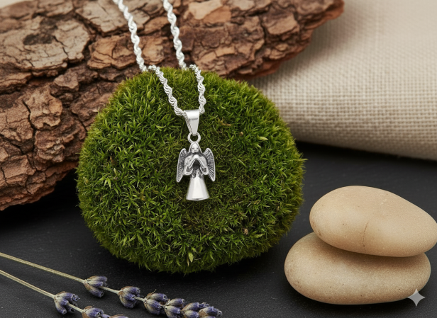 Srebrny rodowany wisiorek Anioł Stróż z łańcuszkiem pr. 925 – symbol opieki i wiary