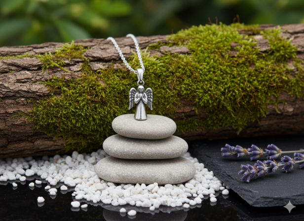 Srebrny rodowany wisiorek Anioł Stróż z łańcuszkiem pr. 925 – symbol opieki i wiary