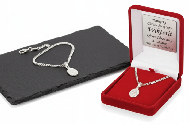 Srebrny medalik Matka Boska Niepokalana z łańcuszkiem pr. 925 – symbol łaski i ochrony z dedykacją