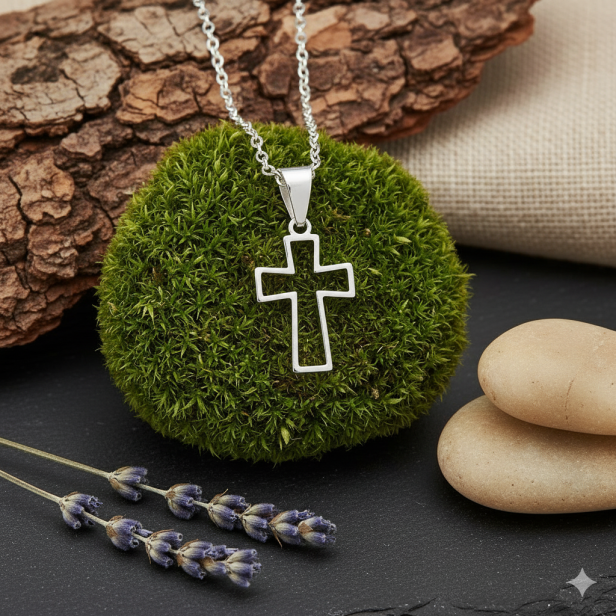 Srebrny krzyżyk konturowy z łańcuszkiem pr. 925 – symbol wiary i prostoty w aranżacji