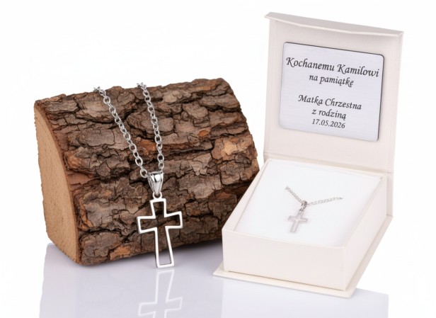Srebrny krzyżyk konturowy z łańcuszkiem pr. 925 – symbol wiary i prostoty z dedykacją