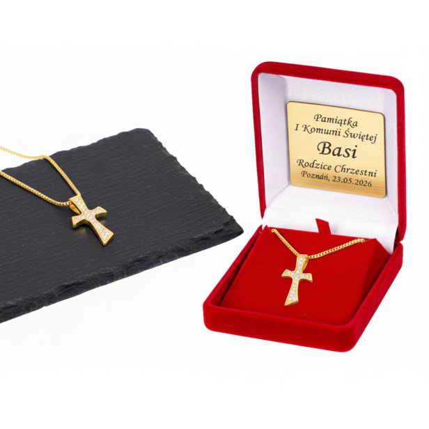 Złocony krzyżyk TAU z łańcuszkiem pr. 925 – symbol wiary i błogosławieństwa z dedykacją