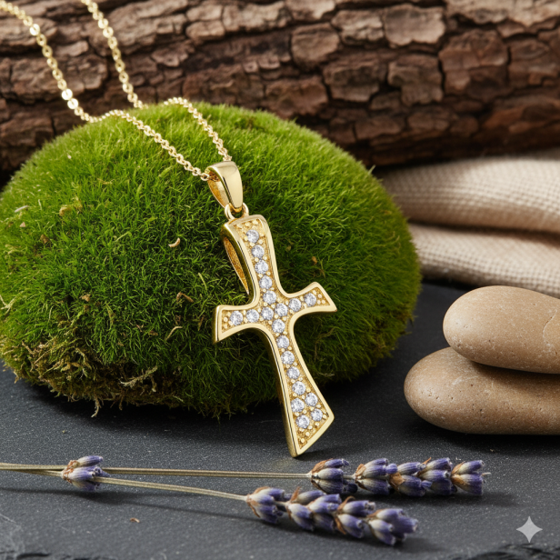 Złocony krzyżyk TAU z łańcuszkiem pr. 925 – symbol wiary i błogosławieństwa z dedykacją