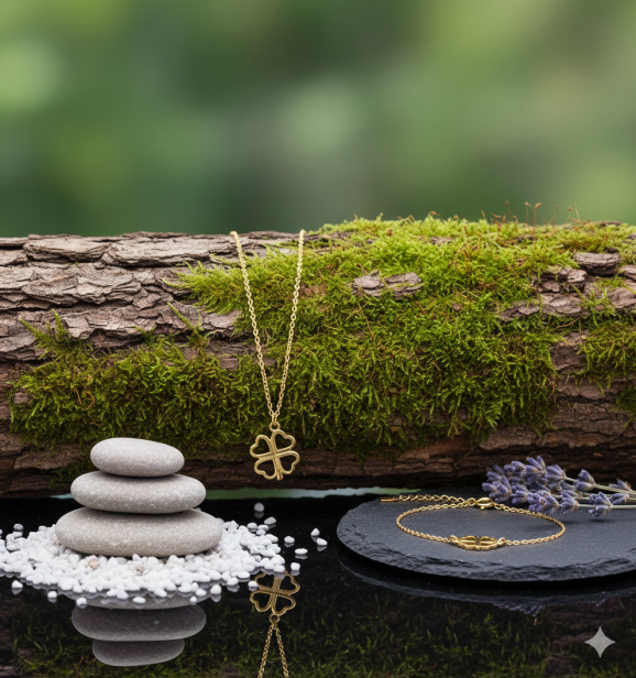 Zestaw pozłacanej biżuterii „Koniczynka” pr. 925 – symbol szczęścia i pomyślności aranżacja