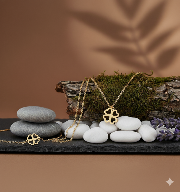 Zestaw pozłacanej biżuterii „Koniczynka” pr. 925 – symbol szczęścia i pomyślności