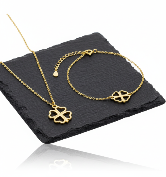 Zestaw pozłacanej biżuterii „Koniczynka” pr. 925 – symbol szczęścia i pomyślności z dedykacją