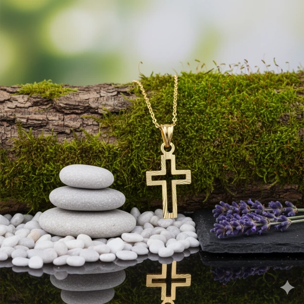 Złocony krzyżyk diamentowany srebro 925 – zawieszka w naturalnej aranżacji
