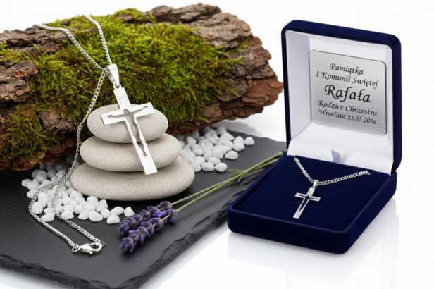 Srebrny krzyżyk z Jezusem wyciętym w środku z łańcuszkiem pr. 925 – symbol wiary i światła z dedykacją