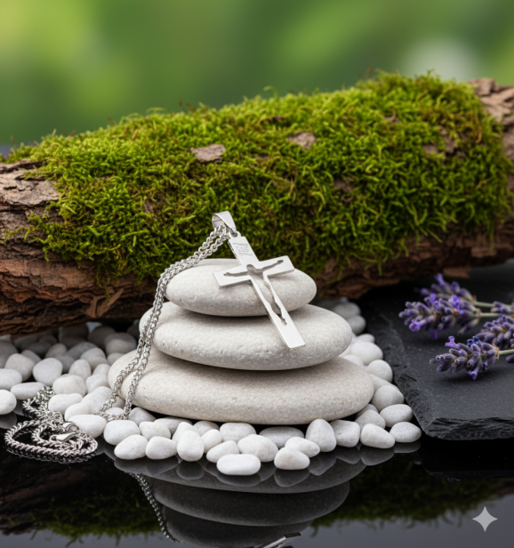 Srebrny krzyżyk z Jezusem wyciętym w środku z łańcuszkiem pr. 925 – symbol wiary i światła