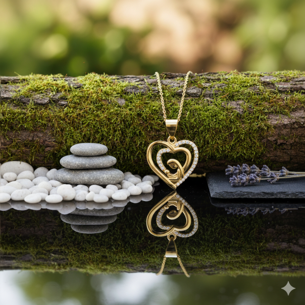 Złocony medalik Serce z cyrkoniami – Matka Boska z Dzieciątkiem pr. 925 z łańcuszkiem