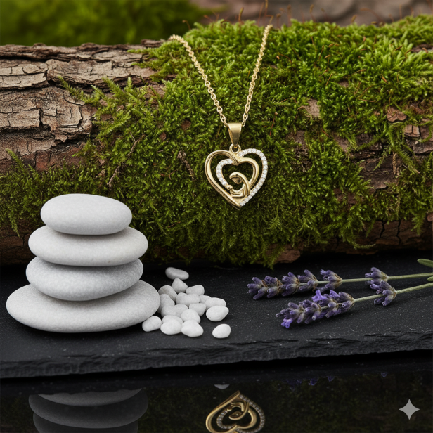 Złocony medalik Serce z cyrkoniami – Matka Boska z Dzieciątkiem pr. 925 z łańcuszkiem