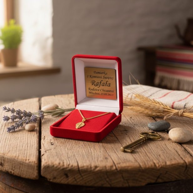 Złocony Cudowny Medalik pr. 925 z łańcuszkiem – symbol opieki i miłości Maryi z dedykacją w aranżacji