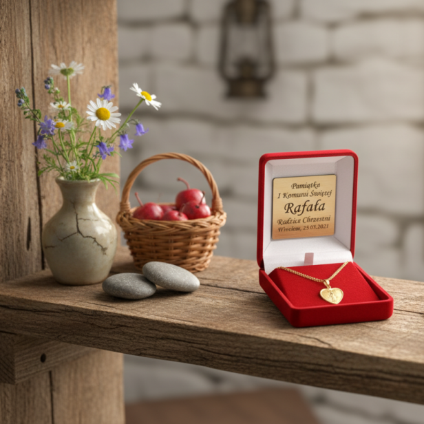 Złocony medalik Matka Boska Niepokalana pr. 925 z łańcuszkiem – symbol opieki i wiary z dedykacją w aranżacji