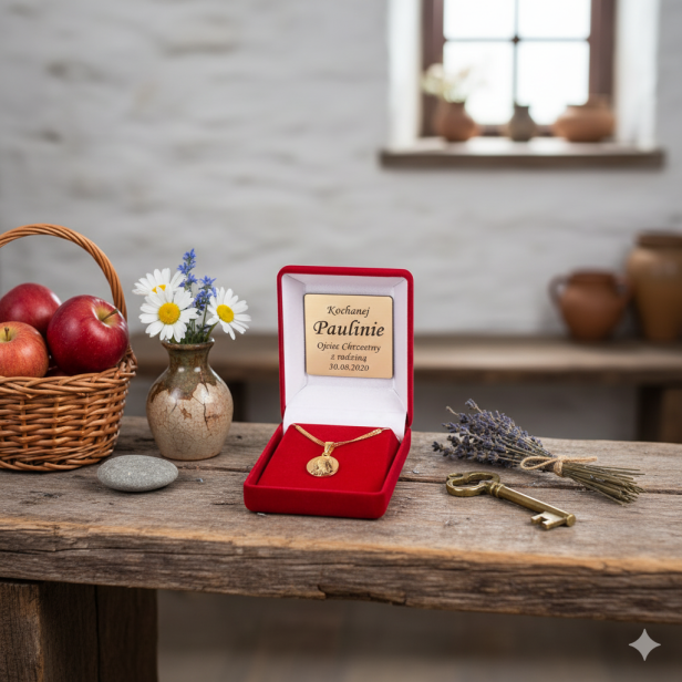 Złocony medalik Matka Boska Bolesna pr. 925 z łańcuszkiem – symbol wiary i współczucia Maryi z dedykacją w aranżacji