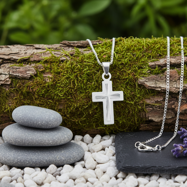 Srebrny krzyżyk pr. 925 z łańcuszkiem – klasyczny symbol wiary i ochrony w aranżacji
