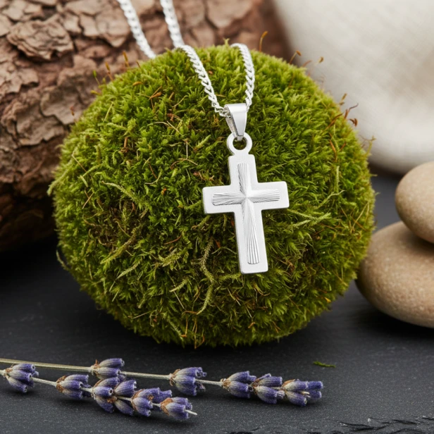 Srebrny krzyżyk z łańcuszkiem – matowana zawieszka religijna 925