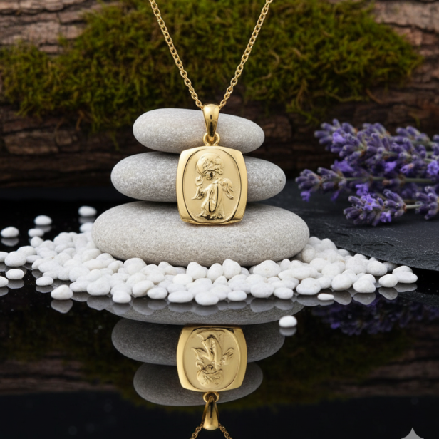 Złocony medalik Aniołek pr. 925 z łańcuszkiem – symbol opieki i czystości