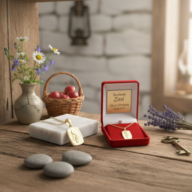 Złocony medalik Aniołek pr. 925 z łańcuszkiem – symbol opieki i czystości z dedykacją w aranżacji