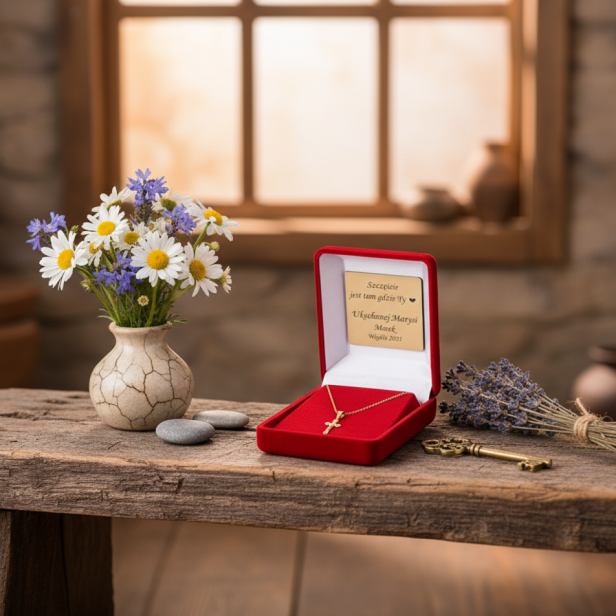 Złocony krzyżyk trójlistny z Jezusem pr. 925 z łańcuszkiem – symbol wiary i odkupienia z dedykacją w aranżacji