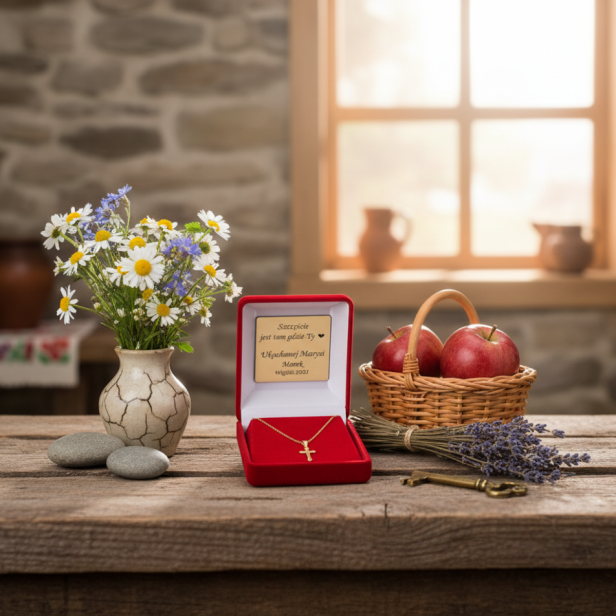 Złocony krzyżyk trójlistny z łańcuszkiem pr. 925 – symbol wiary i Trójcy Świętej z dedykacją w aranżacji