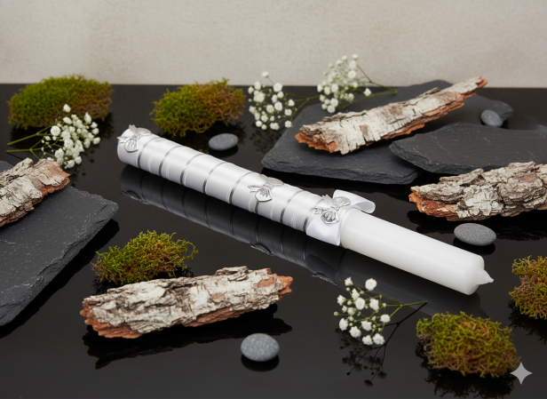 Świeca do Chrztu „Srebrna Atlas” – elegancka gromnica ręcznie zdobiona, pamiątka Chrztu Świętego aranżacja