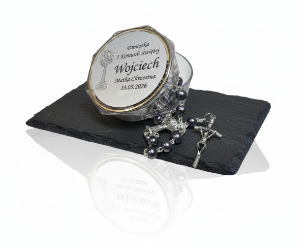 Różaniec hematytowy z imiennym pudełkiem – Pamiątka I Komunii Świętej | Linia MEMORIA™