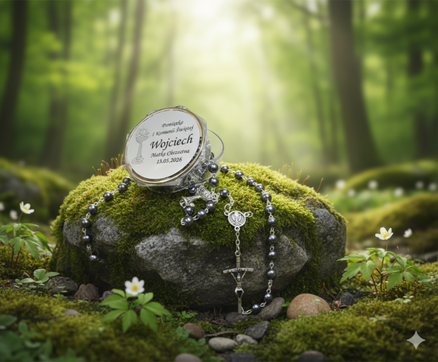 Różaniec hematytowy z imiennym pudełkiem – Pamiątka I Komunii Świętej | Linia MEMORIA™ w aranżacji natury