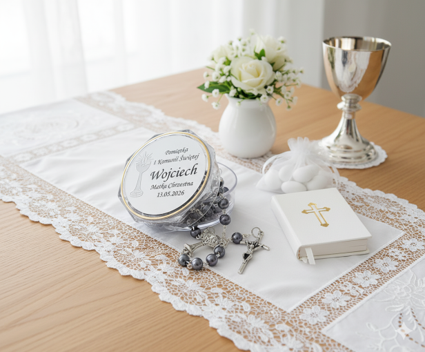 komunijna aranżacja Różaniec hematytowy z imiennym pudełkiem – Pamiątka I Komunii Świętej | Linia MEMORIA™