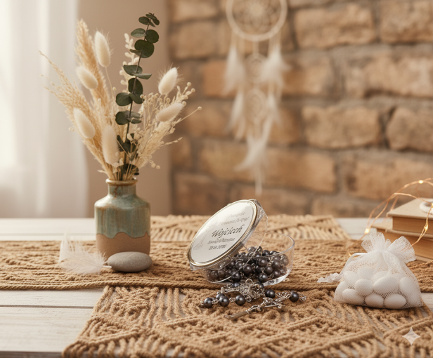 boho aranżacja Różaniec hematytowy z imiennym pudełkiem – Pamiątka I Komunii Świętej | Linia MEMORIA™