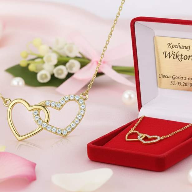 Naszyjnik pozłacany „Serduszka z Cyrkoniami” pr. 925 – symbol miłości i blasku z dedykacją