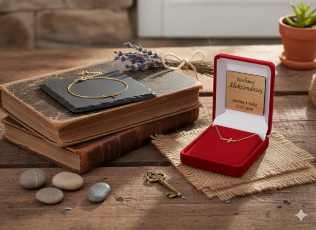 Bransoletka celebrytka „Krzyż CROSS” złocone srebro pr. 925 – symbol wiary i ochrony z dedykacją w aranżacji