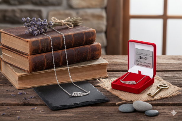 Naszyjnik „Skrzydło Anioła” srebrna celebrytka pr. 925 – symbol opieki i światła z dedykacją w aranżacji