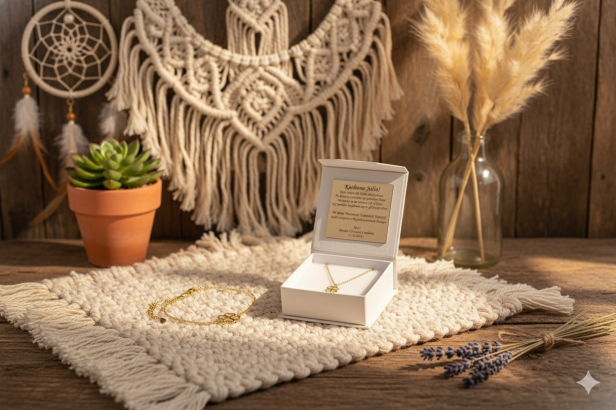 Zestaw pozłacanej biżuterii „Koniczynka” pr. 925 – symbol szczęścia i pomyślności z dedykacją w aranżacji