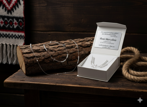 Komplet srebrnej biżuterii z białymi kryształkami i krzyżykiem – łańcuszek i bransoletka z dedykacją w aranżacji