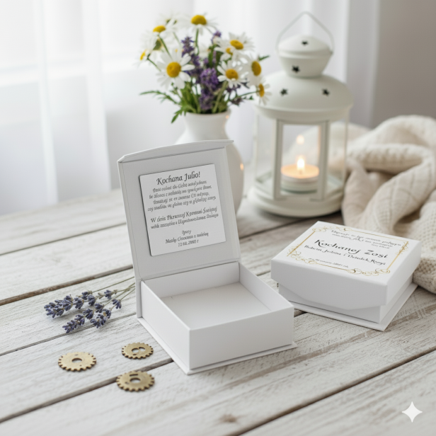 BIAŁE pudełko z personalizacją - Srebrny smoczek w pudełku z grawerem – Pamiątka Chrztu lub Narodzin | Linia BABY SILVER™