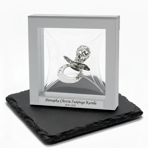 Srebrny smoczek w ramce 3D z grawerem – Pamiątka z dedykacją | Linia BABY SILVER™