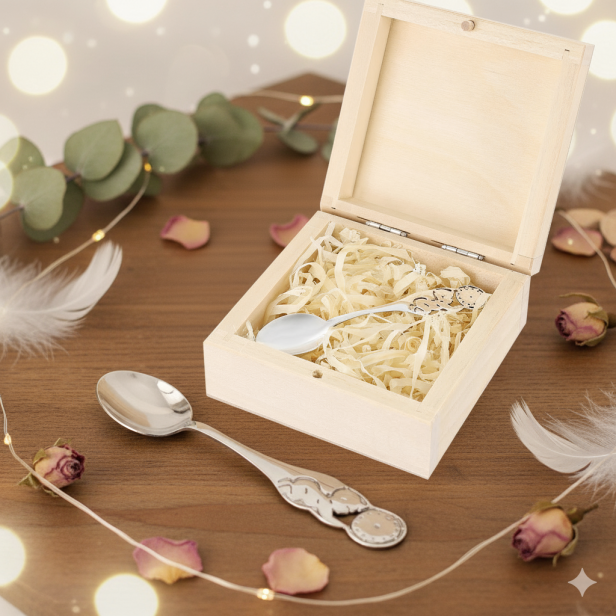 Srebrna łyżeczka w drewnianym pudełku – Pamiątka Narodzin lub Chrztu | Linia BABY SILVER™