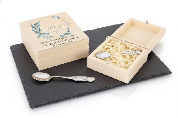 Srebrna łyżeczka w drewnianym pudełku z nadrukiem – Pamiątka Narodzin lub Chrztu | Linia BABY SILVER™