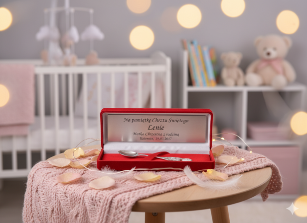 Srebrna łyżeczka w czerwonym pudełku z grawerem | Linia BABY SILVER™ w aranżacji